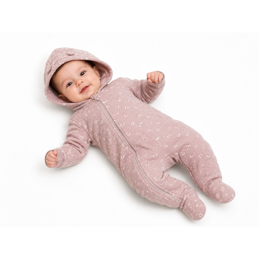 Mori Baby Pram Suit Hooded Quilted Bamboo Organic Cotton Pink Floral 0-3 Months